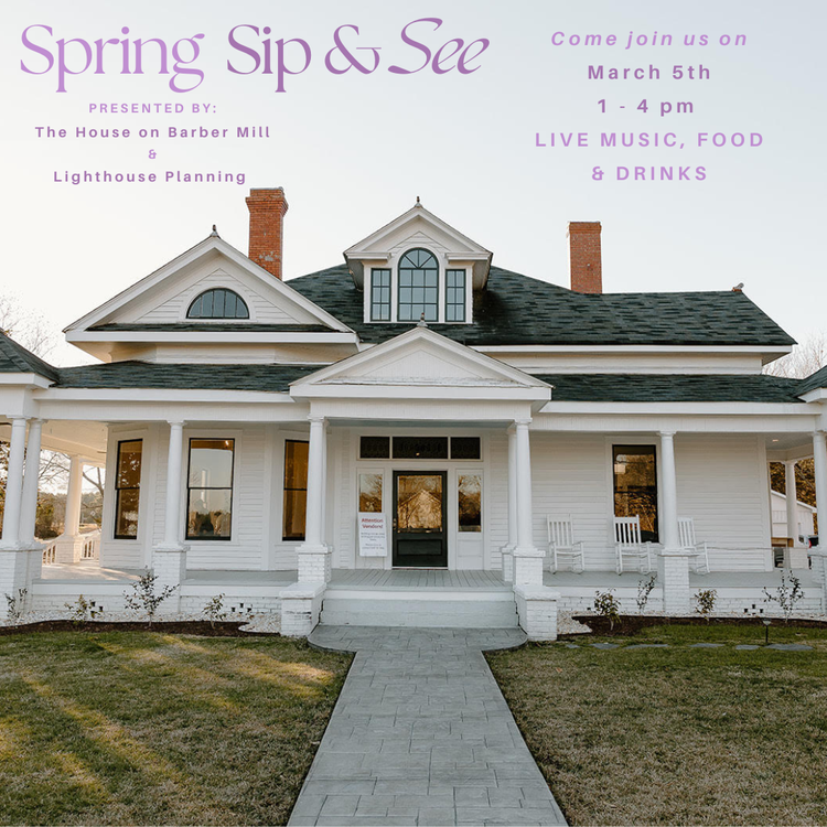 Front view of a large white house with a porch, black door, and multiple windows, hosting a spring event titled 'Spring Sip & See'.