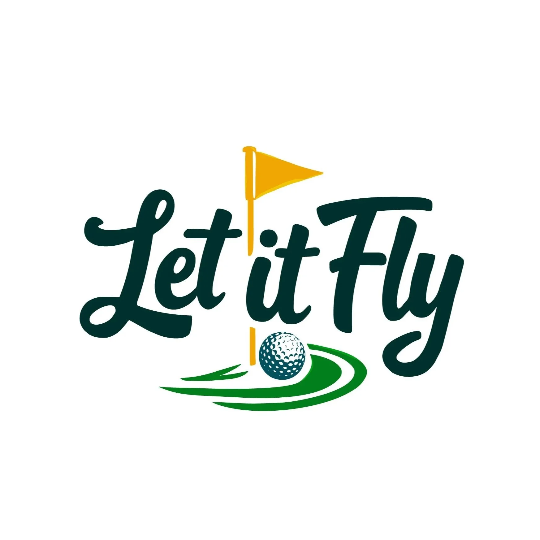 Logo with the words "Let it Fly" in stylized font, a golf flag, and a golf ball on a green, representing a golf-themed brand or event.