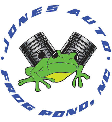 A cartoon frog lying on a cartoon engine piston with a city skyline in the background.