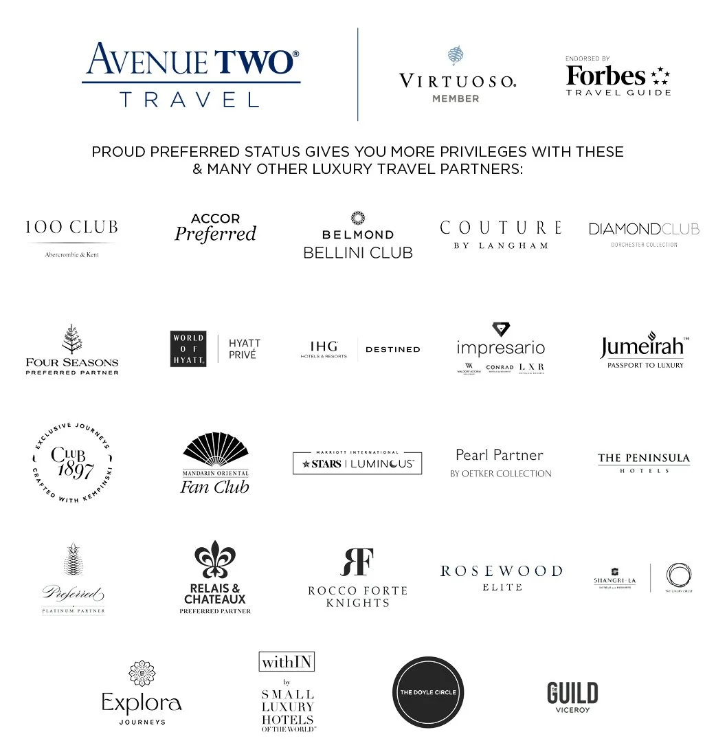 Paperwings & Co. LLC., Tori Jackson. Independent affiliate. Luxury leisure, group, event,corporate travel. A document featuring luxury travel partner logos, including Avenue Two Travel, Virtuoso, Forbes Travel Guide, and various hotel and club logos.