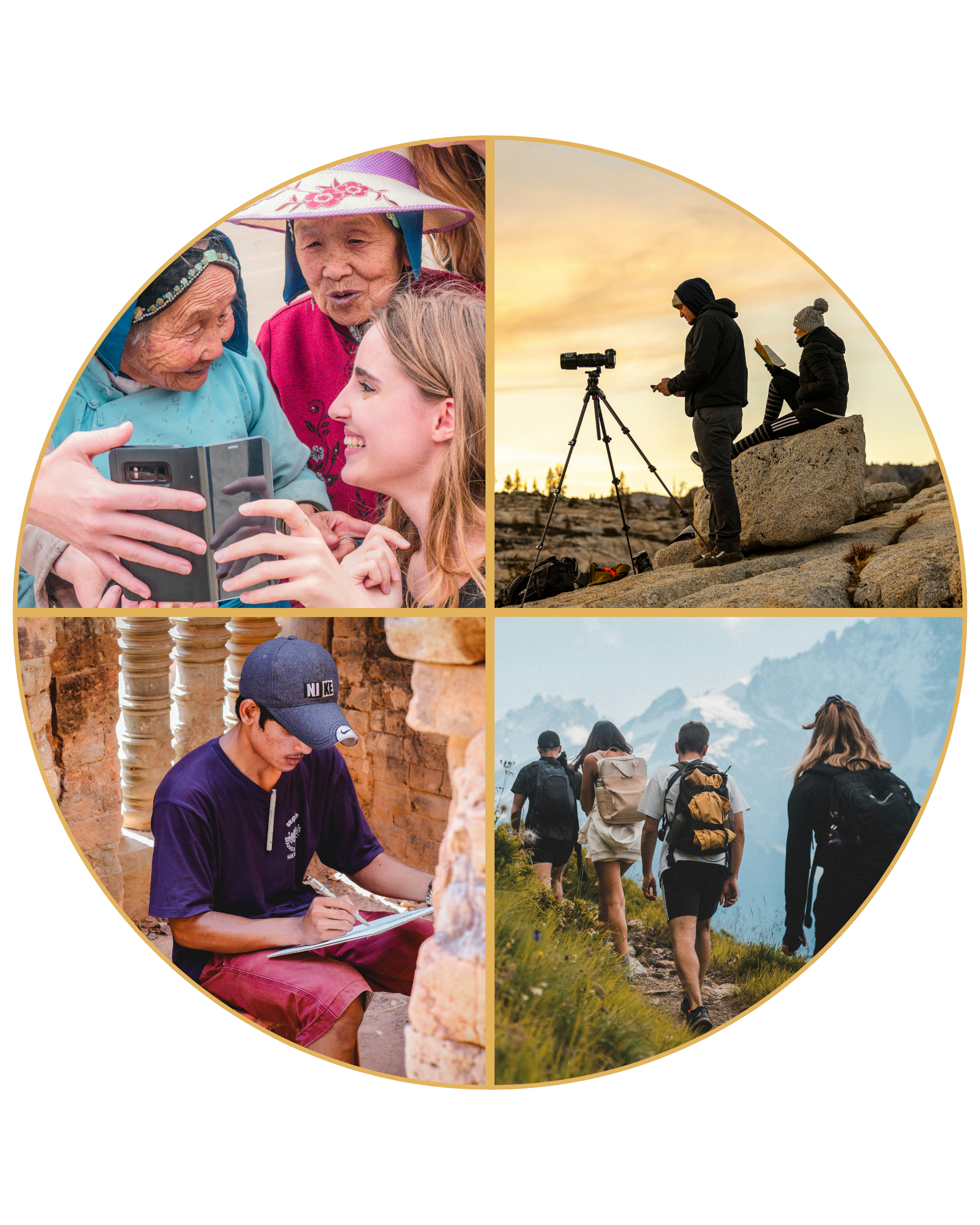 Paperwings & Co. LLC., Tori Jackson. Odyssey by Paperwings. Opportunity travel. Impact travel. Collage of four images showing people engaging in outdoor activities and travel.