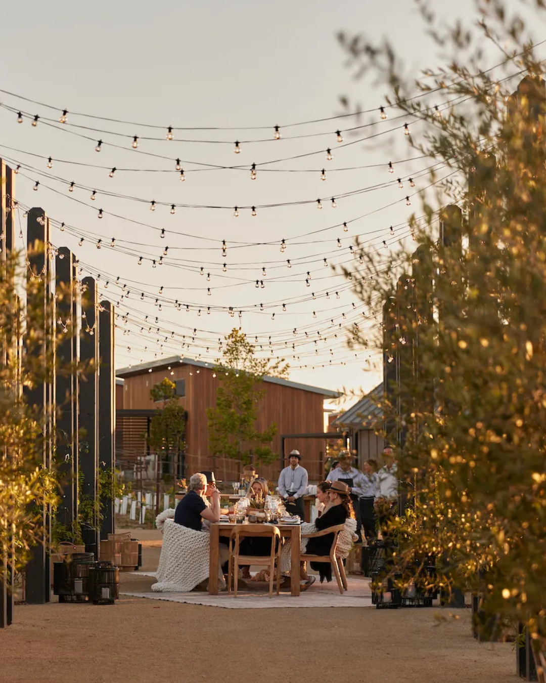 Paperwings & Co. LLC., Tori Jackson. Luxury leisure, group, corporate travel. People dining at an outdoor rustic restaurant with string lights overhead during sunset
