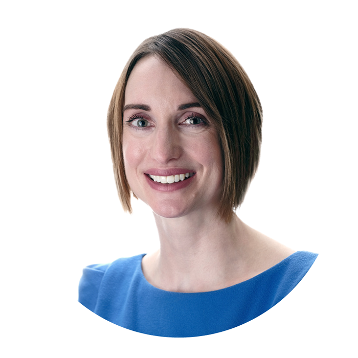 Headshot of Emily McArthur, counsellor at Clear Insight Counselling, against a white background. She has short brown hair and is wearing a bright blue top, looking at the camera smiling.