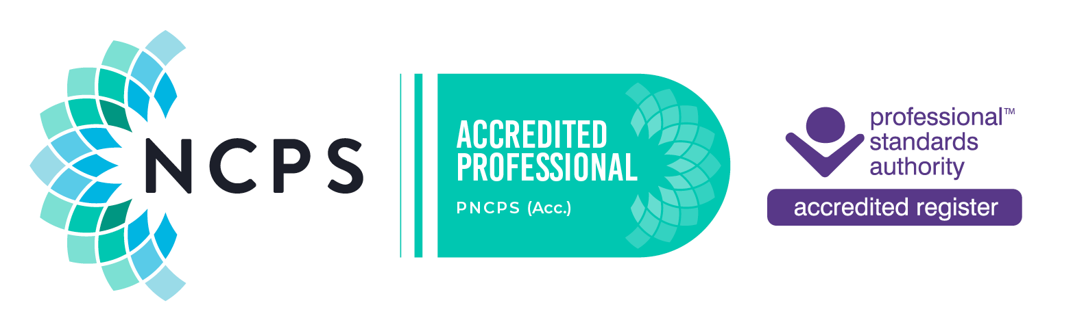 NCPS membership logo with a teal and blue geometric design, with text indicating Emily McArthur is an 'Accredited Professional' member of the NCPS professional register accredited by the Professional Standards Authority.