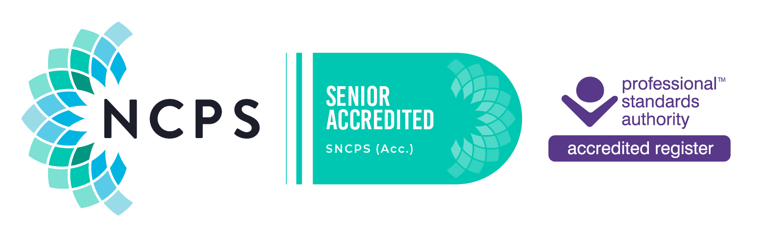 NCPS membership logo with a teal and blue geometric design, with text indicating Emily McArthur is a 'Senior Accredited' member of the NCPS professional register accredited by the Professional Standards Authority.