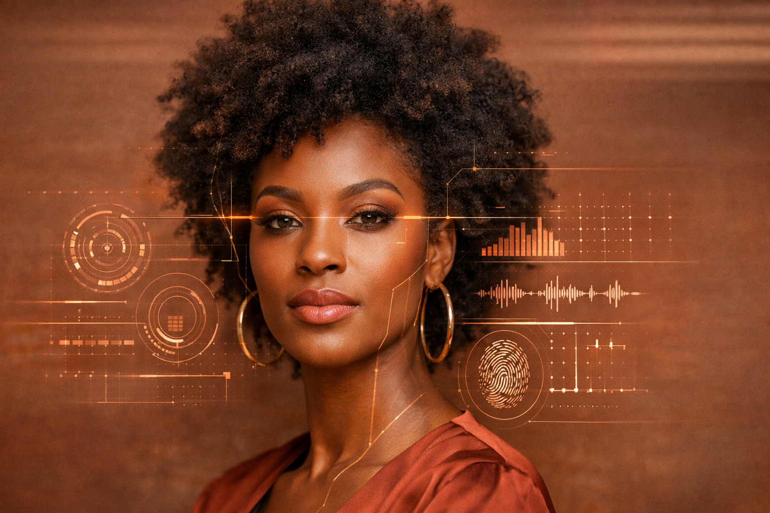 Editorial portrait of a Black woman with natural hair, confident  gaze, overlaid with subtle