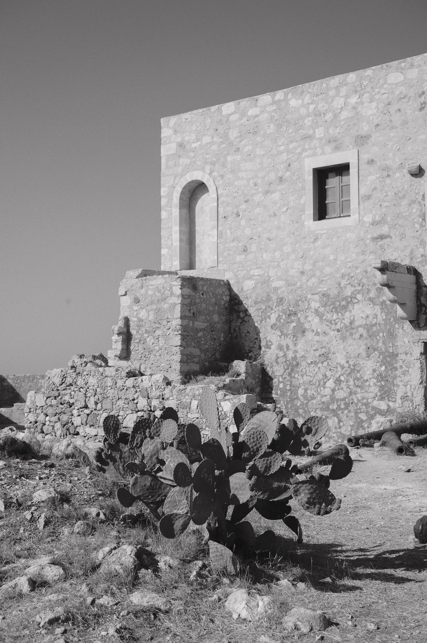 Edificio in pietra con finestra e porta, con cactus nel primo piano, in un ambiente desertico, in bianco e nero.