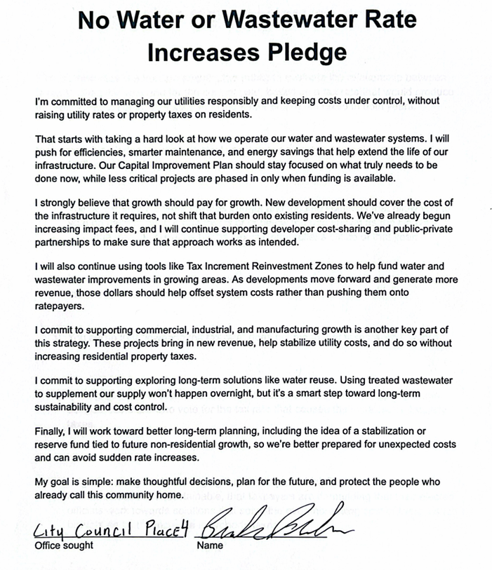 Text of a pledge from City Council Place 4 expressing commitment to responsible utility management, infrastructure investment, water reuse, long-term planning, and community protection.