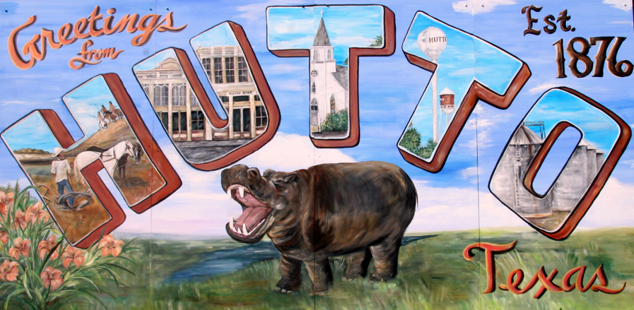Murals depicting Texas scenes, including a hippo, historic buildings, and nature, with the text 'Greetings from Houston Texas' and 'Est. 1876'.
