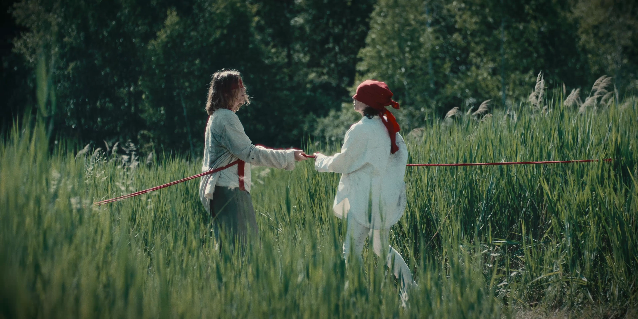 Deux personnes discutent dans un champ vert, une tient la main de l'autre, entourées de hautes herbes et d'arbres en arrière-plan.