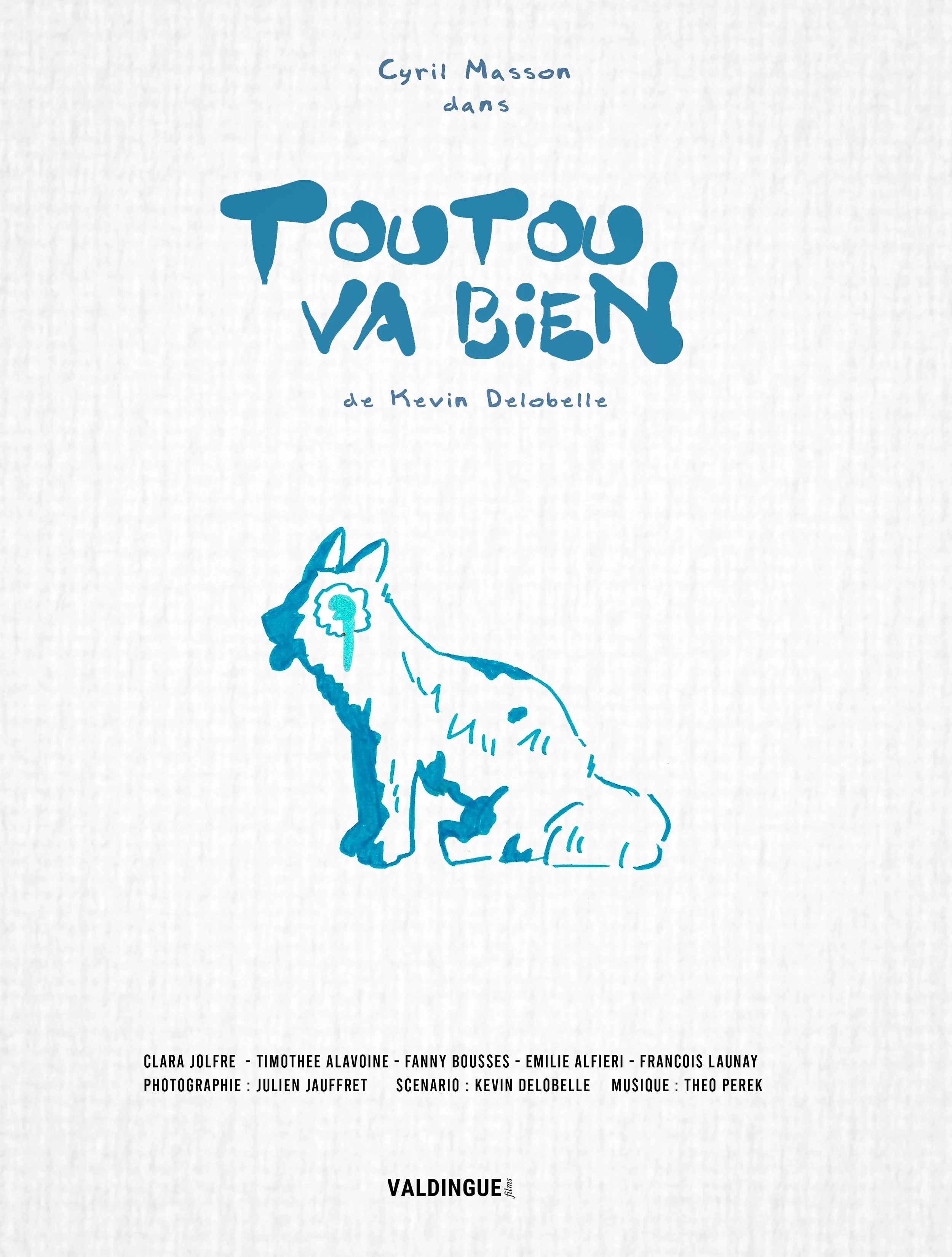 Couverture d'une affiche ou d'un livre avec une illustration de chien stylisé en blond, et texte en bleu et noir.