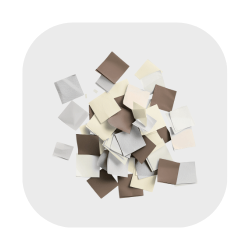 Collection of various small fabric swatches in white, beige, brown, and gray colors scattered on a white background.