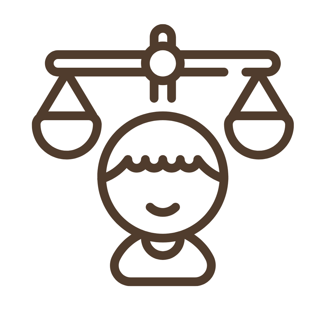 Line drawing of a person with a smiling face, blonde hair, and scales of justice above their head.