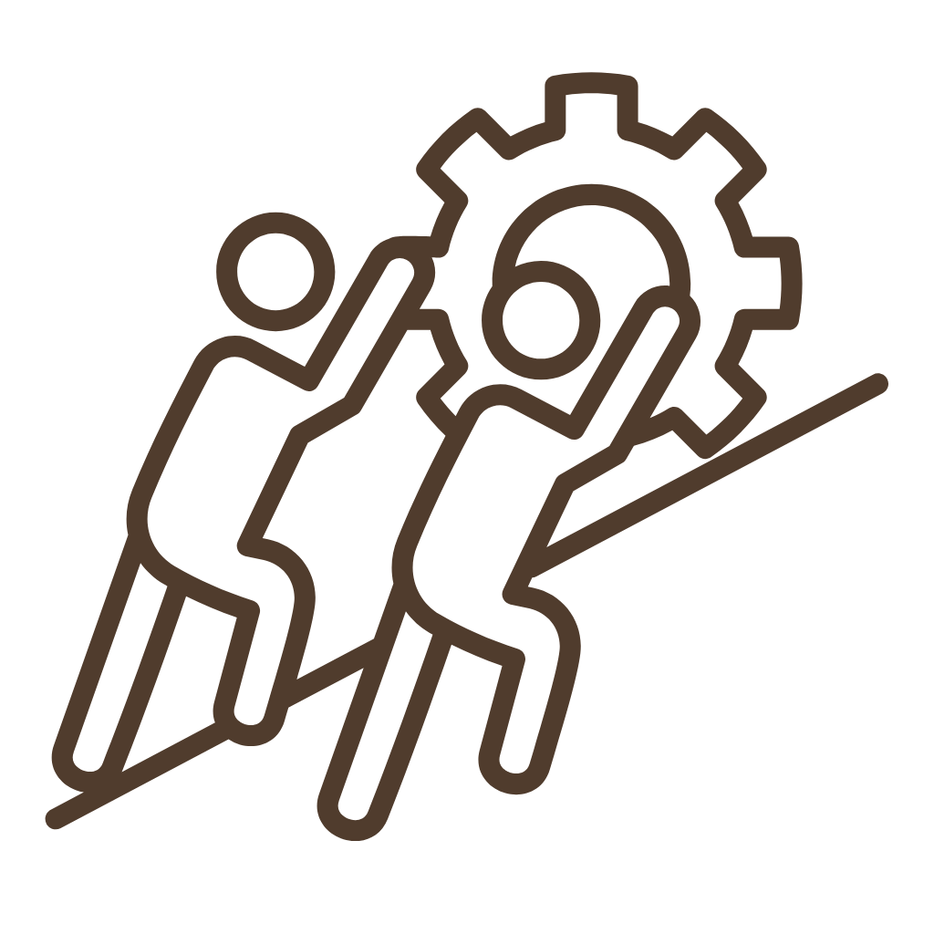 Icon of two people working together to adjust a large gear with a line graph in the background, representing teamwork or engineering.