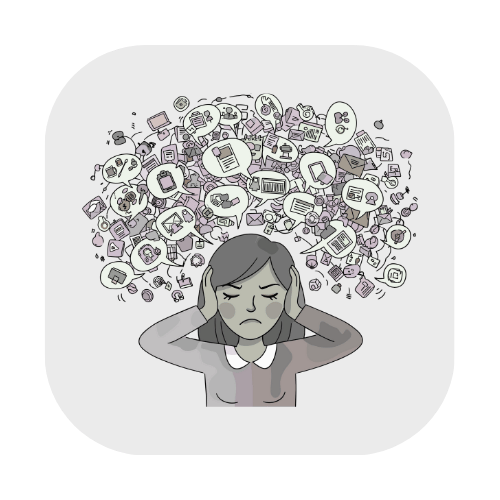 Illustration of a girl with a stressed expression, holding her head with both hands, surrounded by chaotic social media icons and communication symbols.