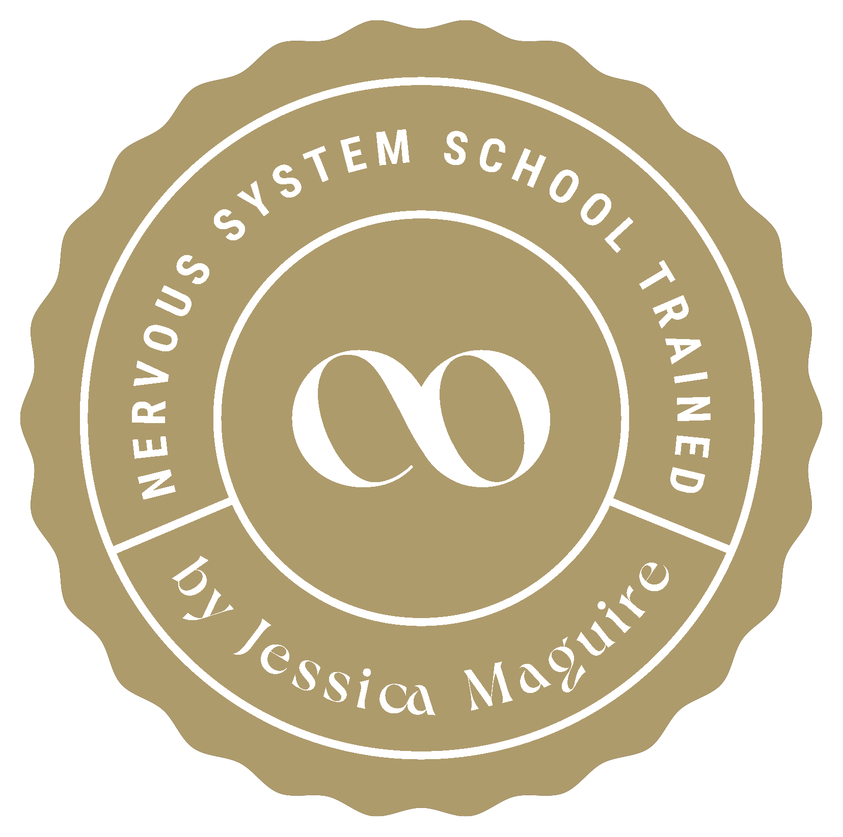 Gold embossed certification badge with the text 'We Proudly System School Trained' and 'by Jessica Maguire' surrounding an infinity symbol.