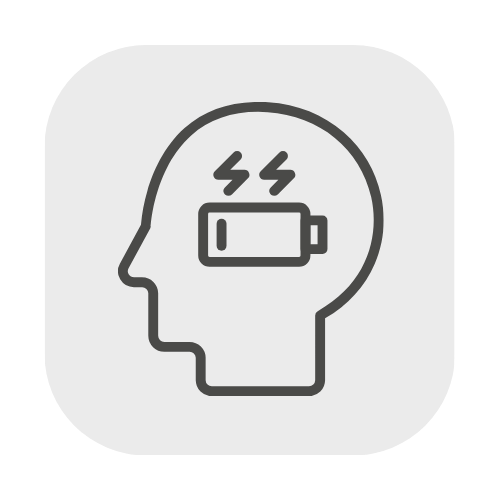 Outline of a human head with a battery icon inside and two lightning bolts, representing mental fatigue or low energy.