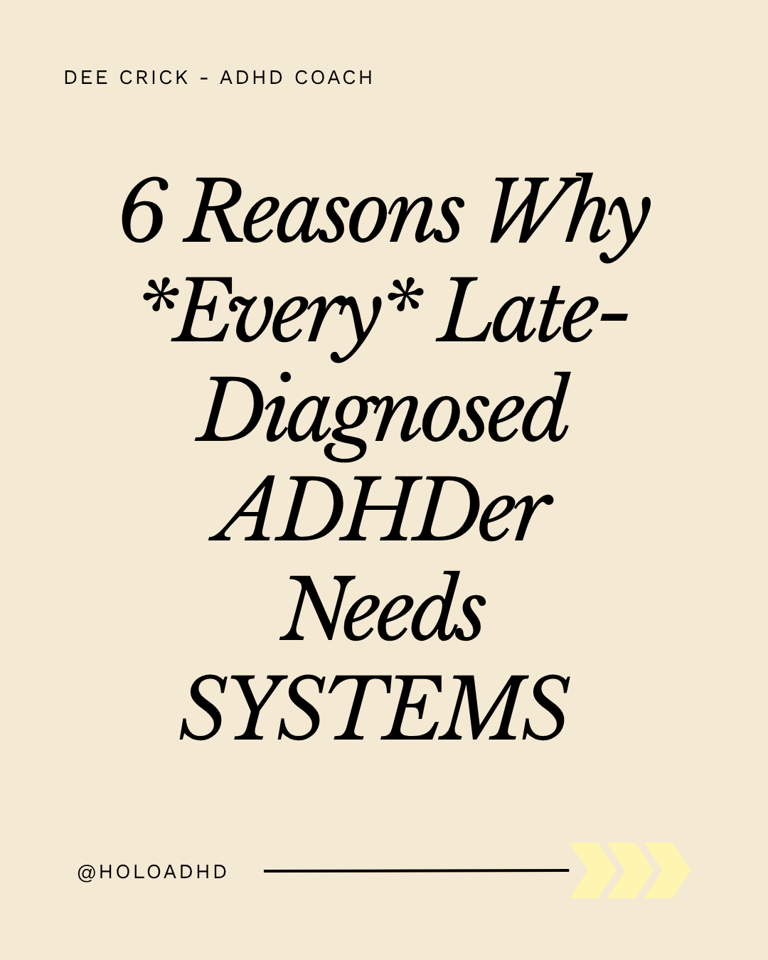 Font image with text: '6 Reasons Why *Every* Late-Diagnosed ADHDer Needs SYSTEMS' by Dee Crick, ADHD coach, with @HOLoadHD handle and yellow arrow graphic at bottom right.