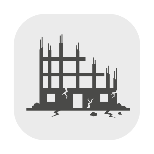 Icon of a damaged, crumbling building with cracks on the walls and broken foundation