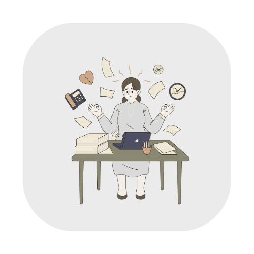 A woman sitting at a cluttered desk with papers flying around her, a calculator, a tablet, and a cup, appearing overwhelmed or stressed.