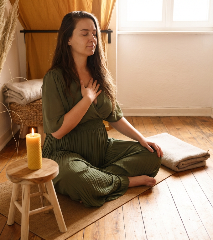 Eine Frau sitzt im Schneidersitz auf einem Teppich, macht eine meditative Übung, die Hand auf die Brust gelegt, in einem hellen Raum mit Holzfußboden und einer Kerze auf einem kleinen Hocker.