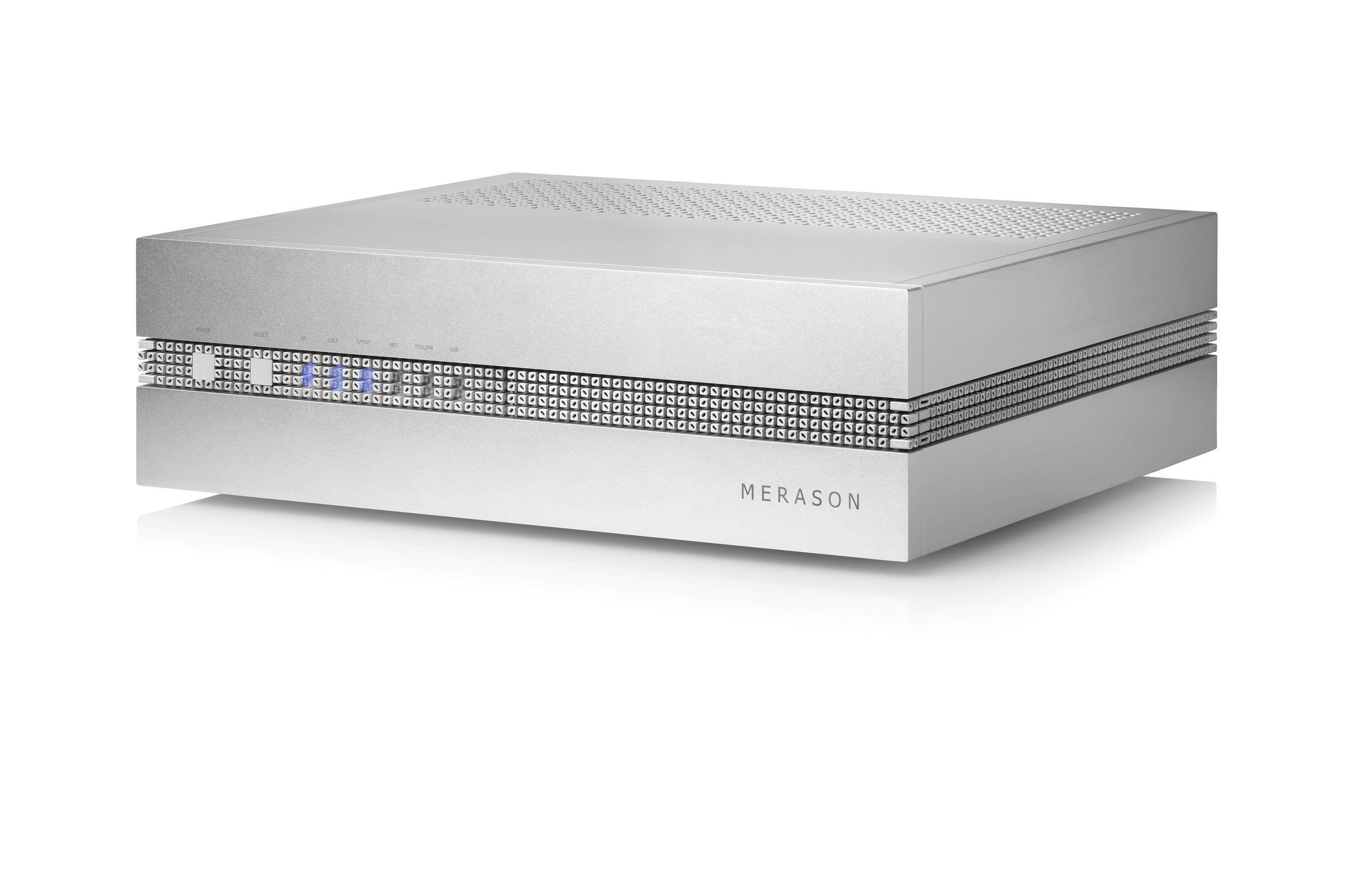 Ein silberner Merason-Lautsprecher mit einem modernen, rechteckigen Design und einer perforierten Oberseite.