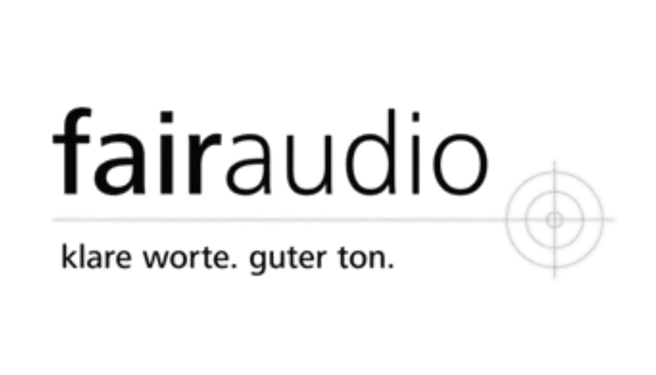 Das Logo zeigt den Schriftzug 'fai rudio' mit einem Zielkreuz und einem weißen Zielfernrohr. Darunter steht der Slogan 'klare worte. guter ton.'