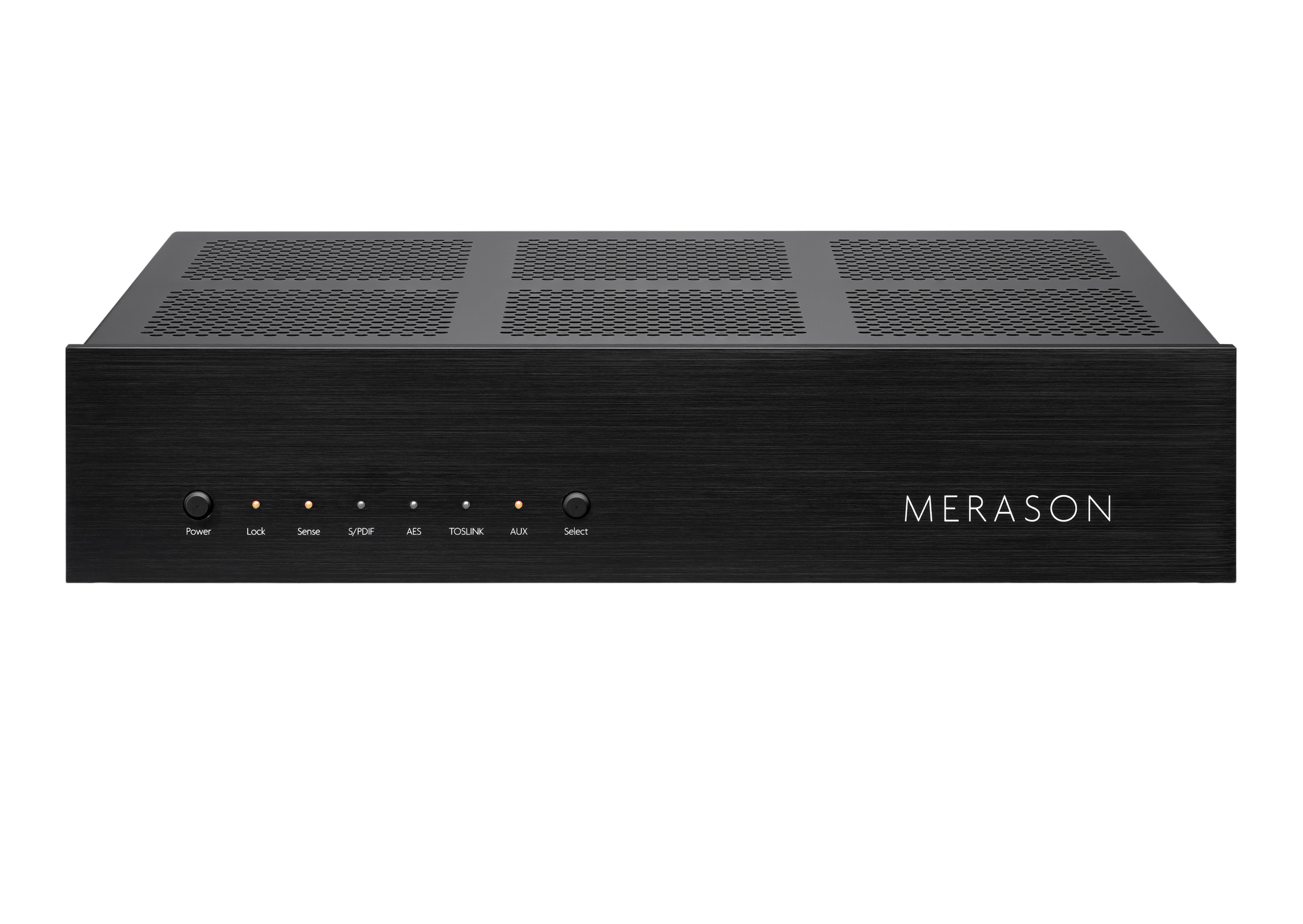 Ein schwarzer Audio-Streamer oder Verstärker mit dem Label 'MERASON', Frontseite mit Knöpfen und LED-Leuchten, gegen einen schwarzen Hintergrund.