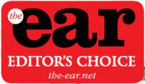 Logo der Zeitschrift 'The Ear' mit rotem Hintergrund und weißem Text, einschließlich 'Editor's Choice'