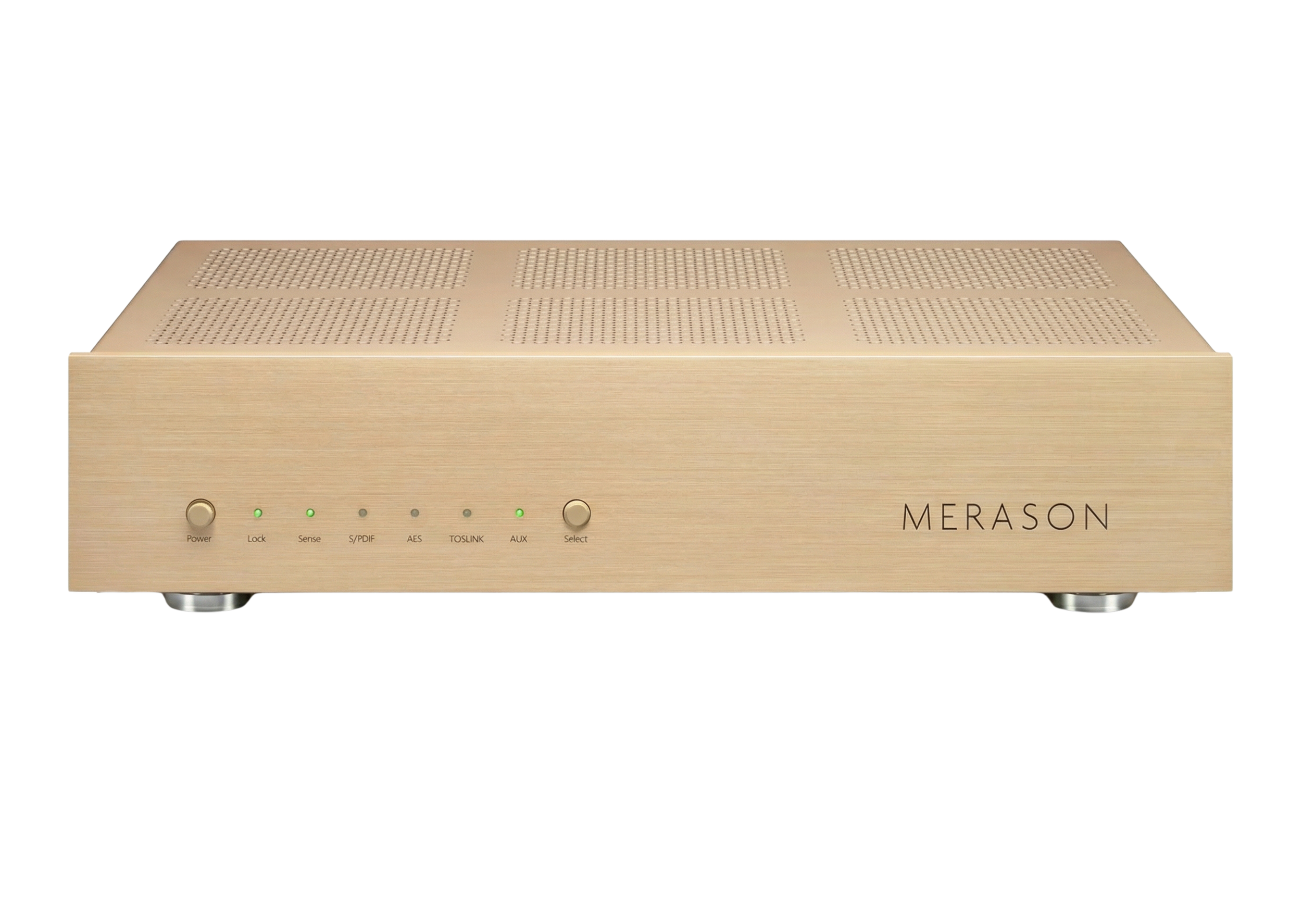 Ein stilvoller, goldfarbenes Verstärkergerät mit der Aufschrift 'Merason' auf der rechten Seite, inklusive Bedienelemente und Signalanzeigen auf der Vorderseite.