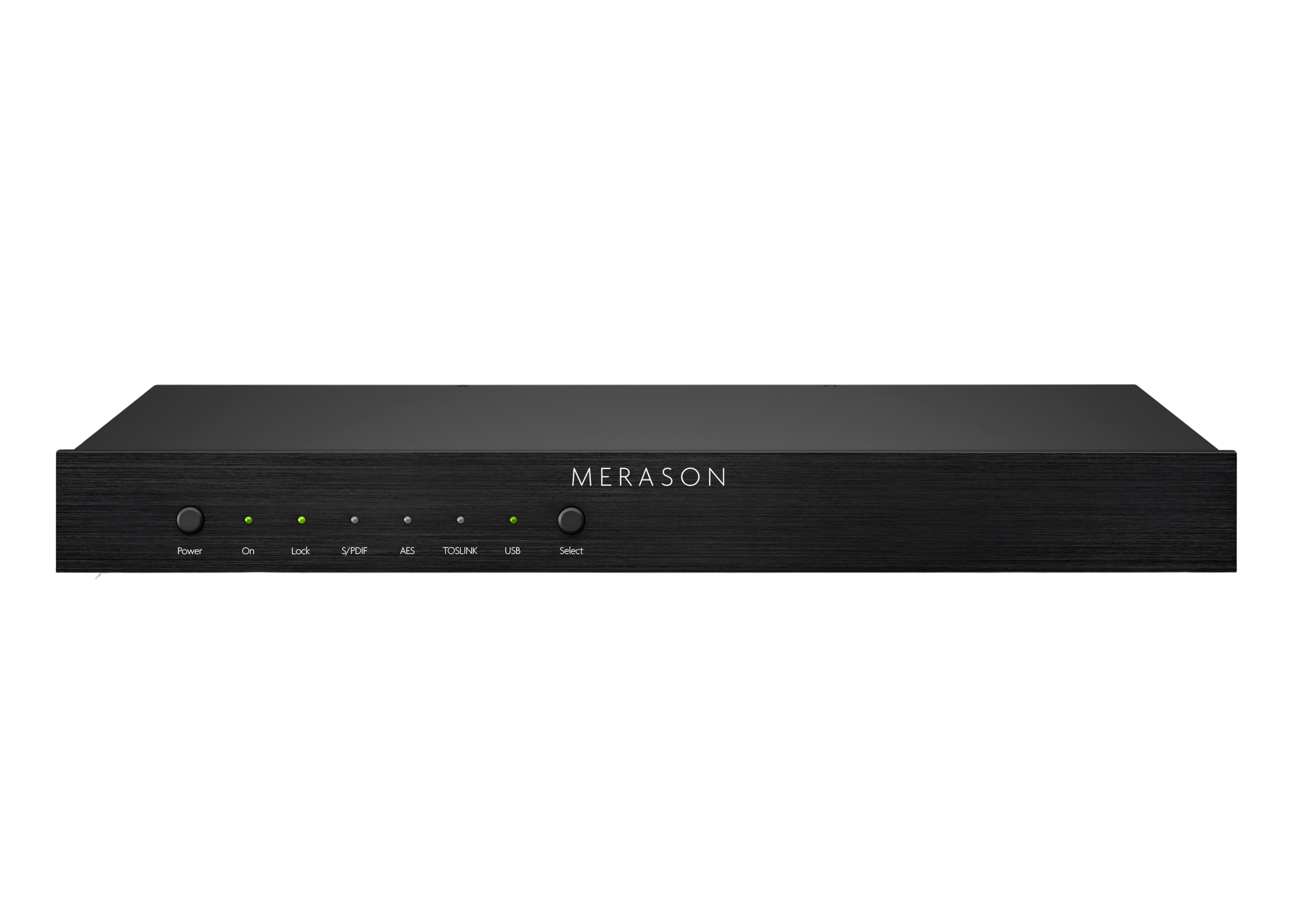 Schwarzer Audio-Digital-Adapter von Merason mit Knöpfen und LEDs auf der Vorderseite, beherrscht by logo in der Mitte.