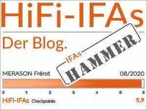 Logo des HiFi-IFAs Blogs mit der Aufschrift 'HI-FI-IFAS Der Blog. -IFAS HAMMER' und einem Bewertungsbogen mit einer Skala von 1 bis 6, Bewertung 5,9, Datum August 2020.
