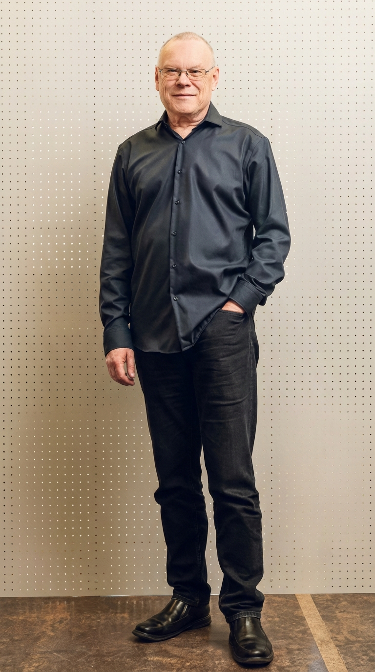 Ein älterer Mann steht vor einer perforierten Wand, trägt eine schwarze Hemd und schwarze Schuhe, hat kurze Haare und trägt Brille.