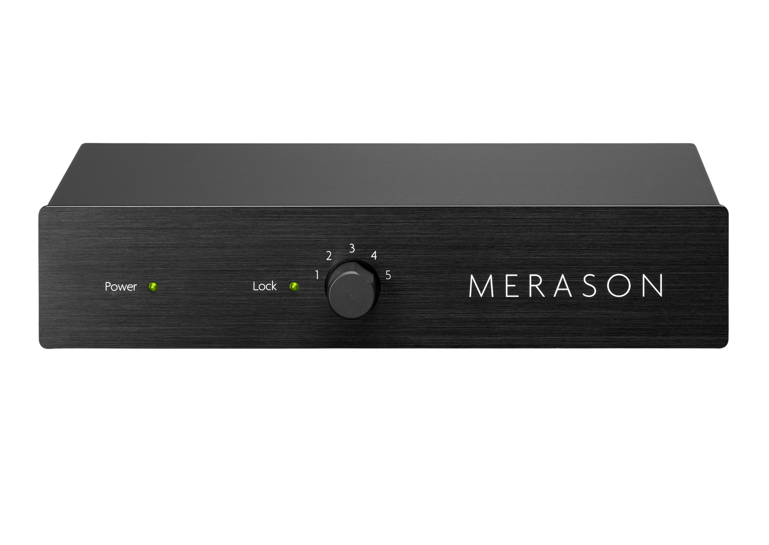Ein schwarzes elektronisches Gerät mit Drehknopf, grünen LEDs für Power und Lock, und dem Schriftzug 'MERASON' auf der Vorderseite.