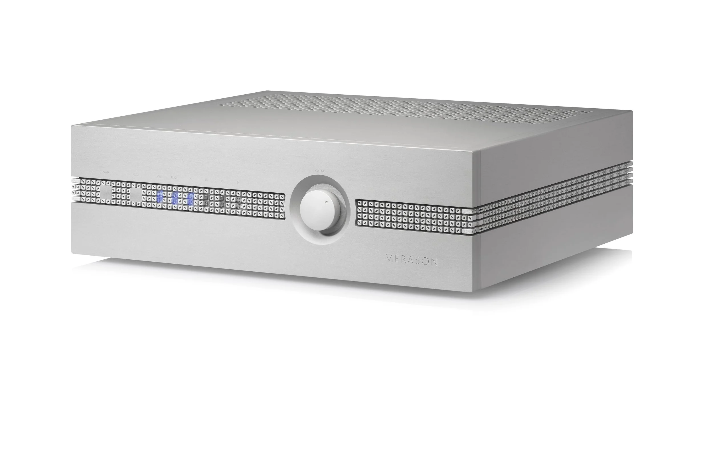 Ein silberner elektronischer Verstärker mit einem zentralen Drehknopf und einer LED-Anzeige auf der linken Seite, Marke "MERASON" sichtbar an der unteren rechten Ecke.
