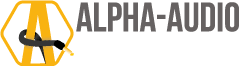 Logo mit schwarzen Hintergrund, goldener Buchstabe A in Zahnradform, Text 'ALPHA-AUDIO' neben dem Logo.