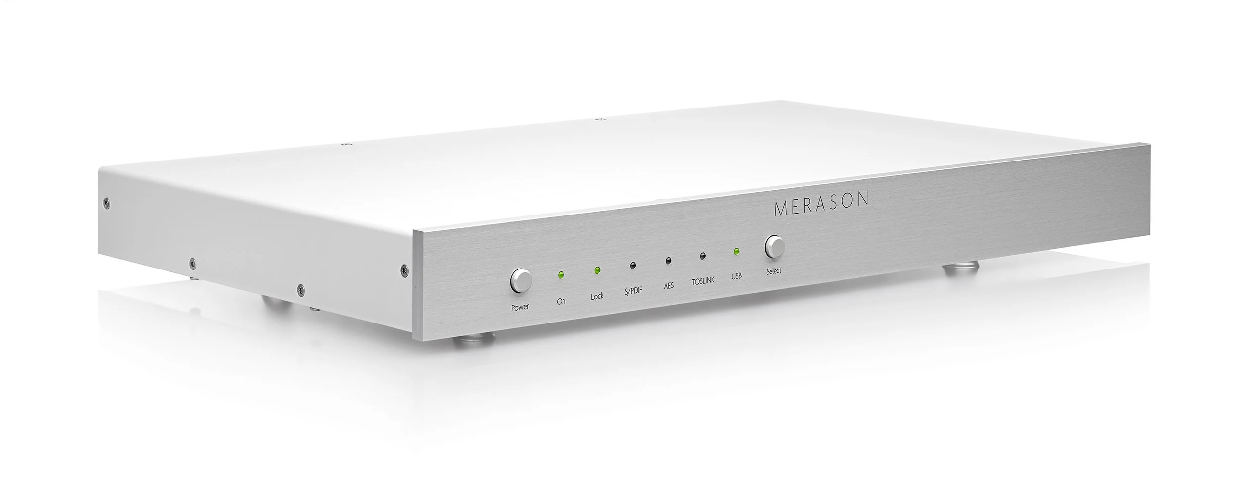 Ein silberner elektronischer Verstärker mit den Markierungen 'MERASON', mehrere LED-Leuchten und Kontrollknöpfe steht auf einer weißen Oberfläche.