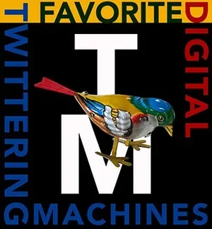 Ein farbiges Design mit einem bunten Vogel, umgeben von Texten wie 'Favorite', 'Digital', 'Writing', 'Machines' und einem großen weißen 'T' in der Mitte.