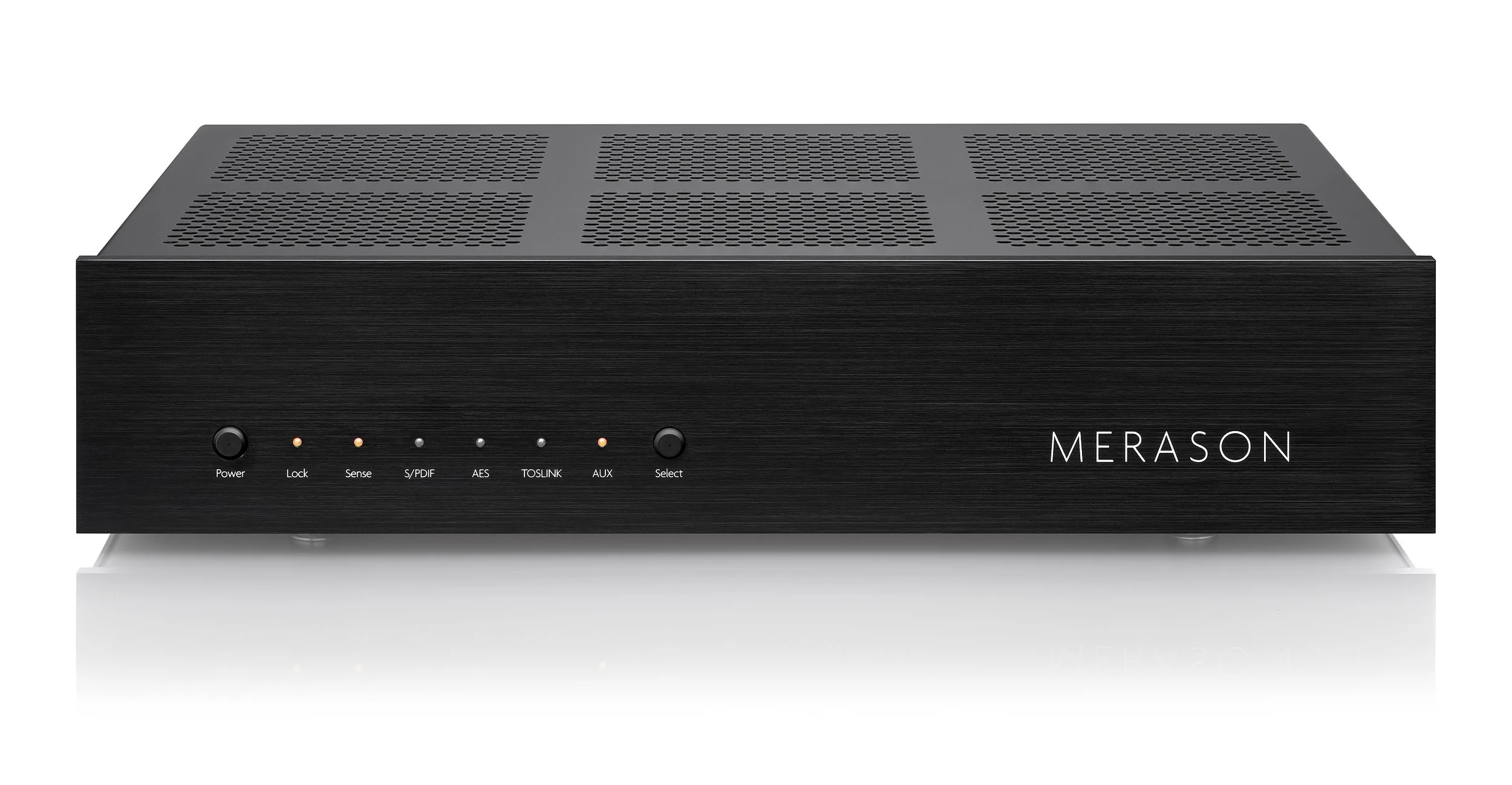 Ein schwarzer Verstärker mit Bedienelementen und der Aufschrift 'MERASON' auf der rechten Seite, auf einem weißen Untergrund.