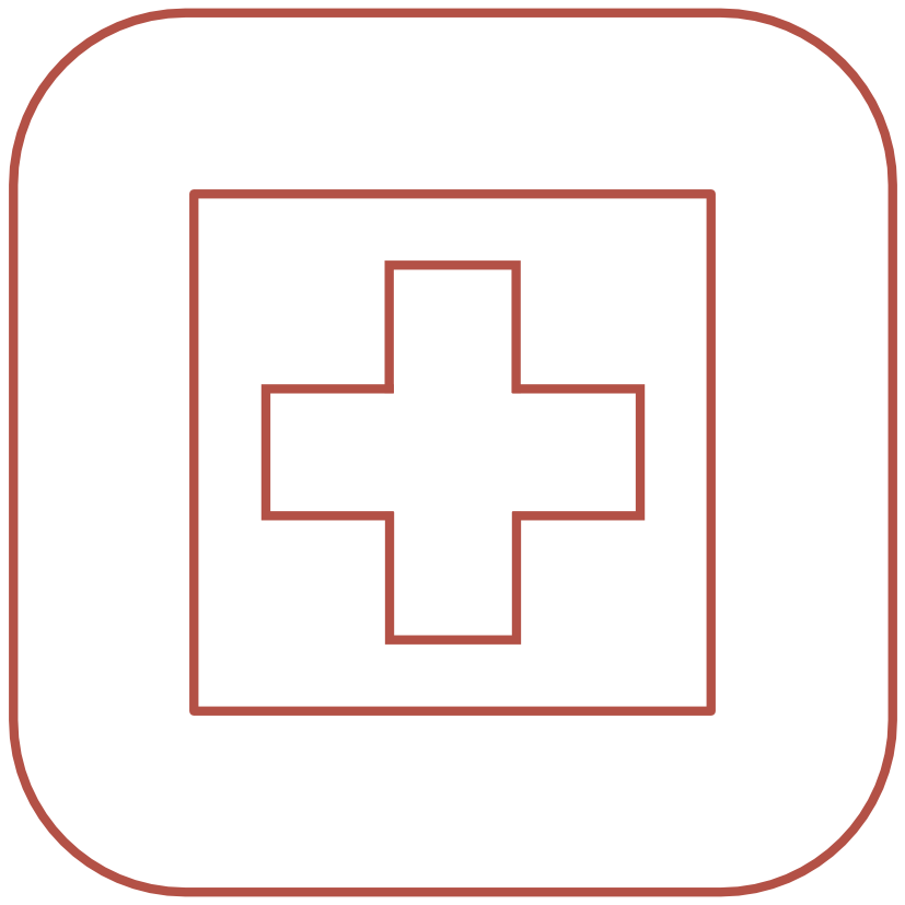 Ein rotes Kreuzsymbol in einem schwarzen Hintergrund, umgeben von einer abgerundeten roten Linie, das auf eine medizinische oder erste-Hilfe-Darstellung hinweist.