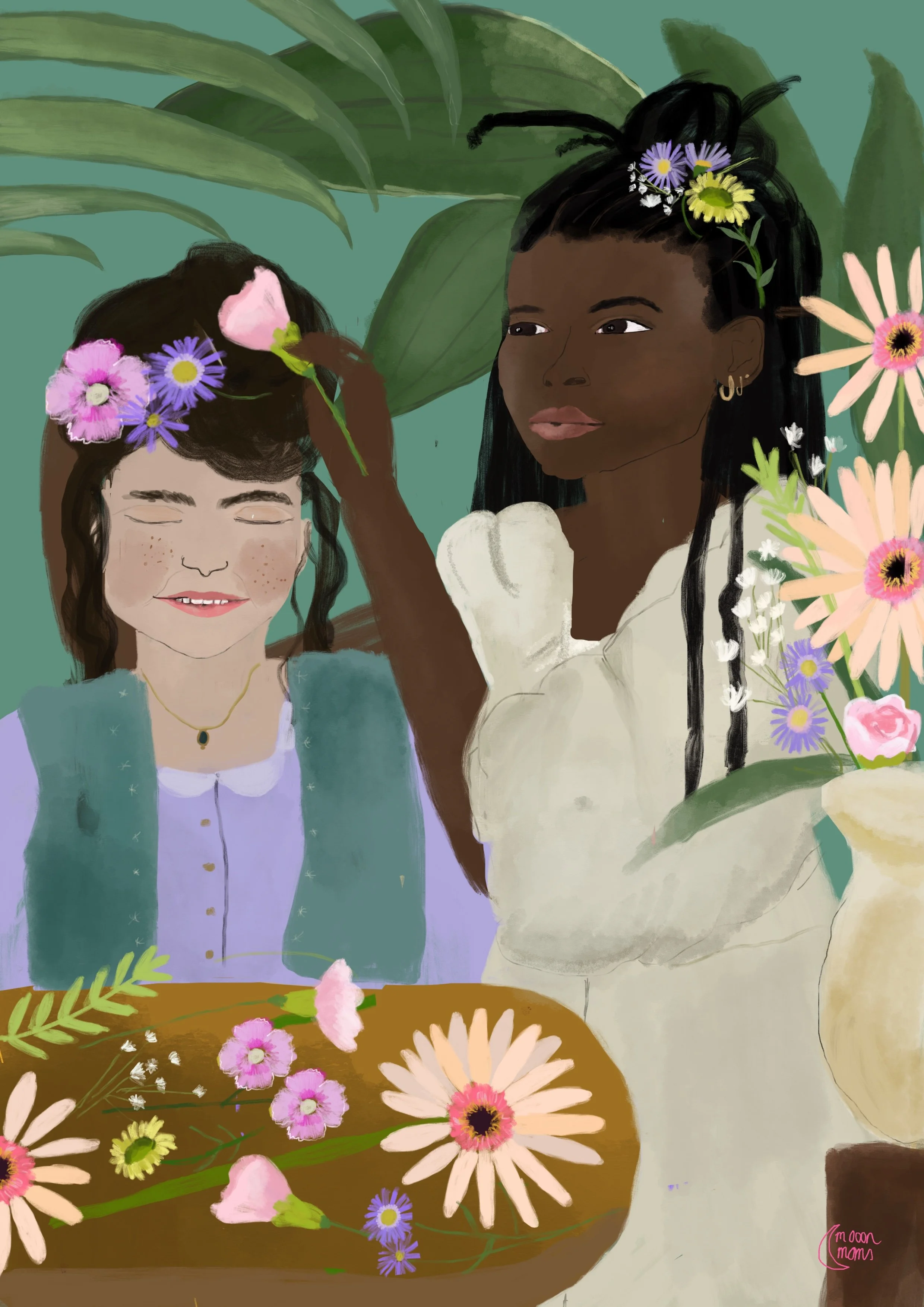 An illustration of two women with dark hair, one with curly hair and the other with straight hair, surrounded by colorful flowers including daisies and other blossoms, set against a green background.