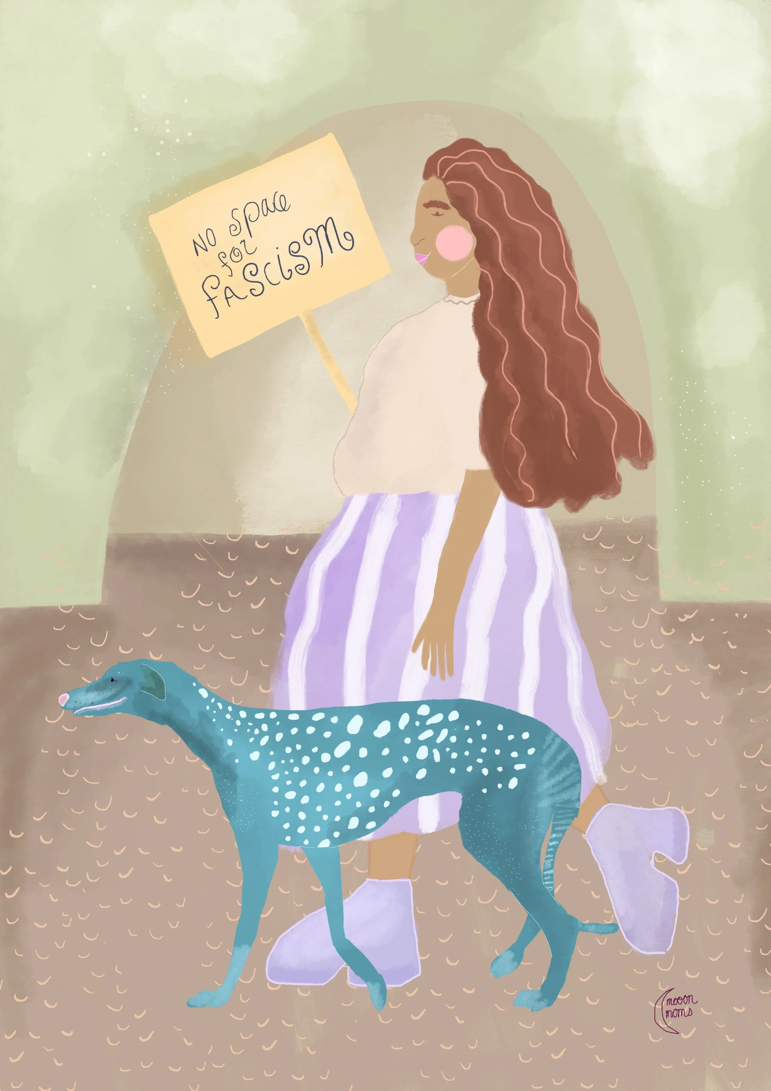 A woman with long wavy brown hair holding a sign that says "No space for fascism" and standing next to a blue spotted dog with a long neck, in a room with green walls and a patterned brown floor.