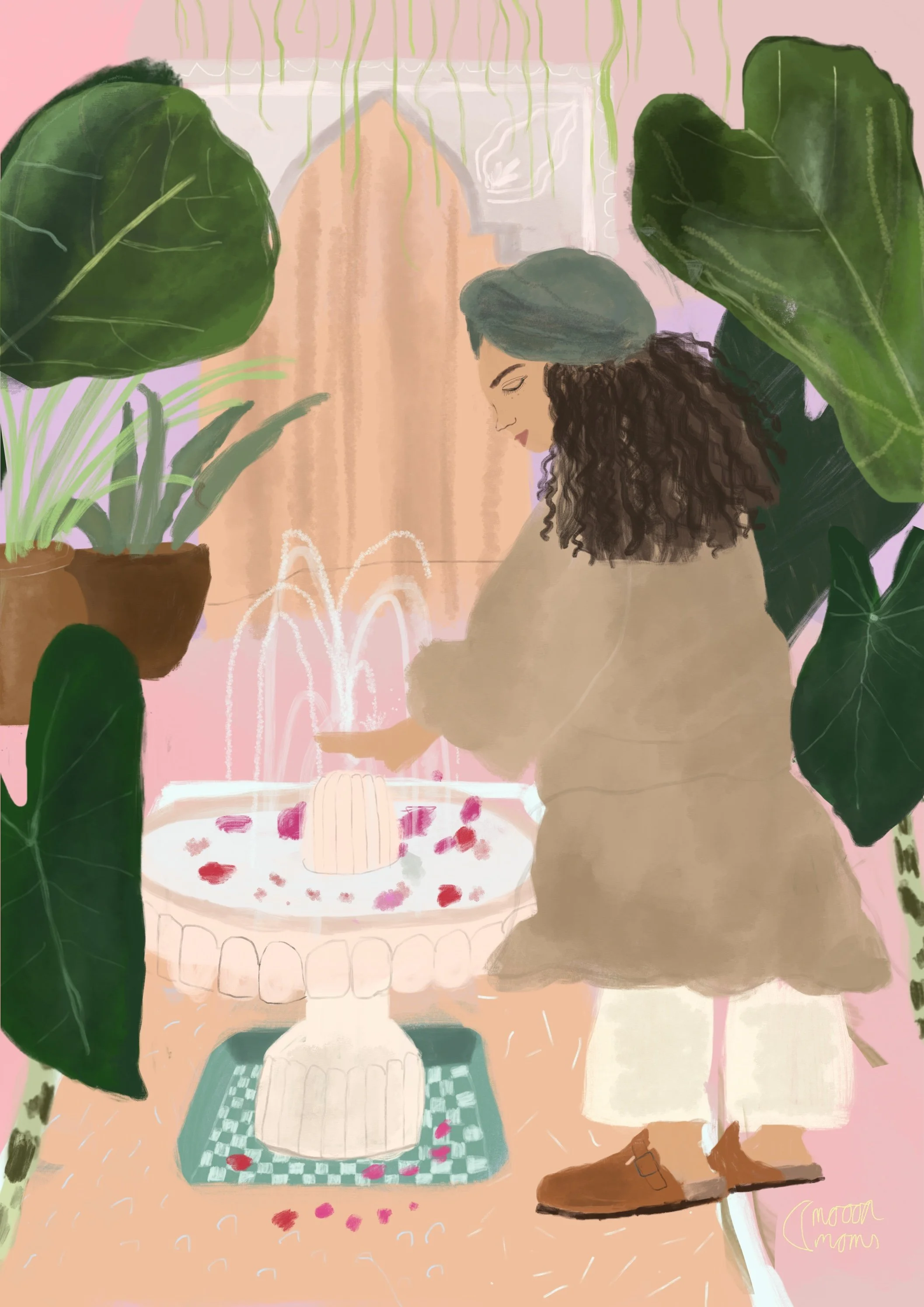 Digital illustration of a woman with curly hair and a baseball cap, surrounded by large green houseplants, standing in front of a decorated table with a cake and drinks, with pink and beige background.