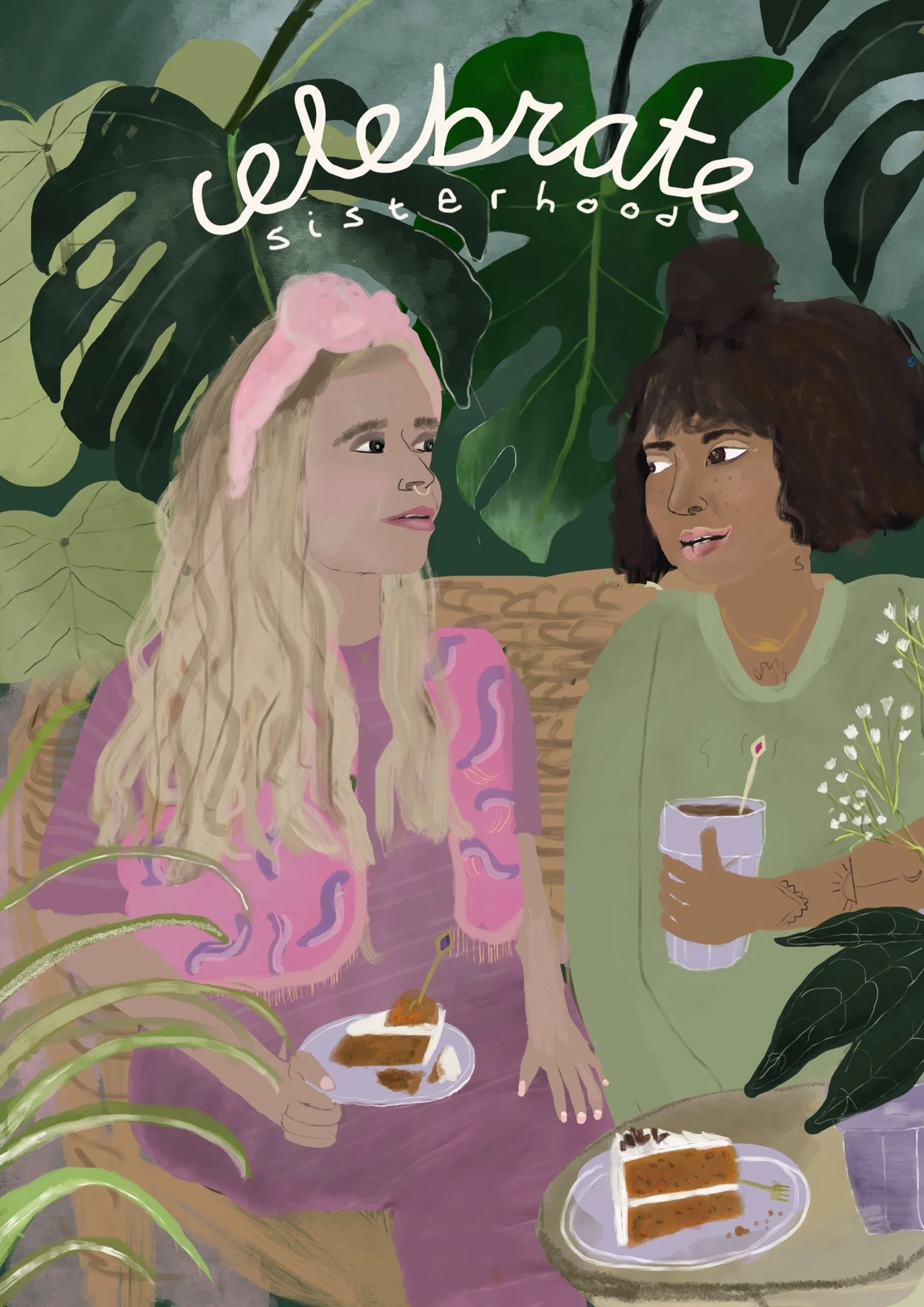 Two women sit at a table in a lush garden surrounded by large green tropical leaves. The woman on the left has long blonde hair, a pink headband, and wears a pink patterned dress, holding a plate with a slice of cake. The woman on the right has curly