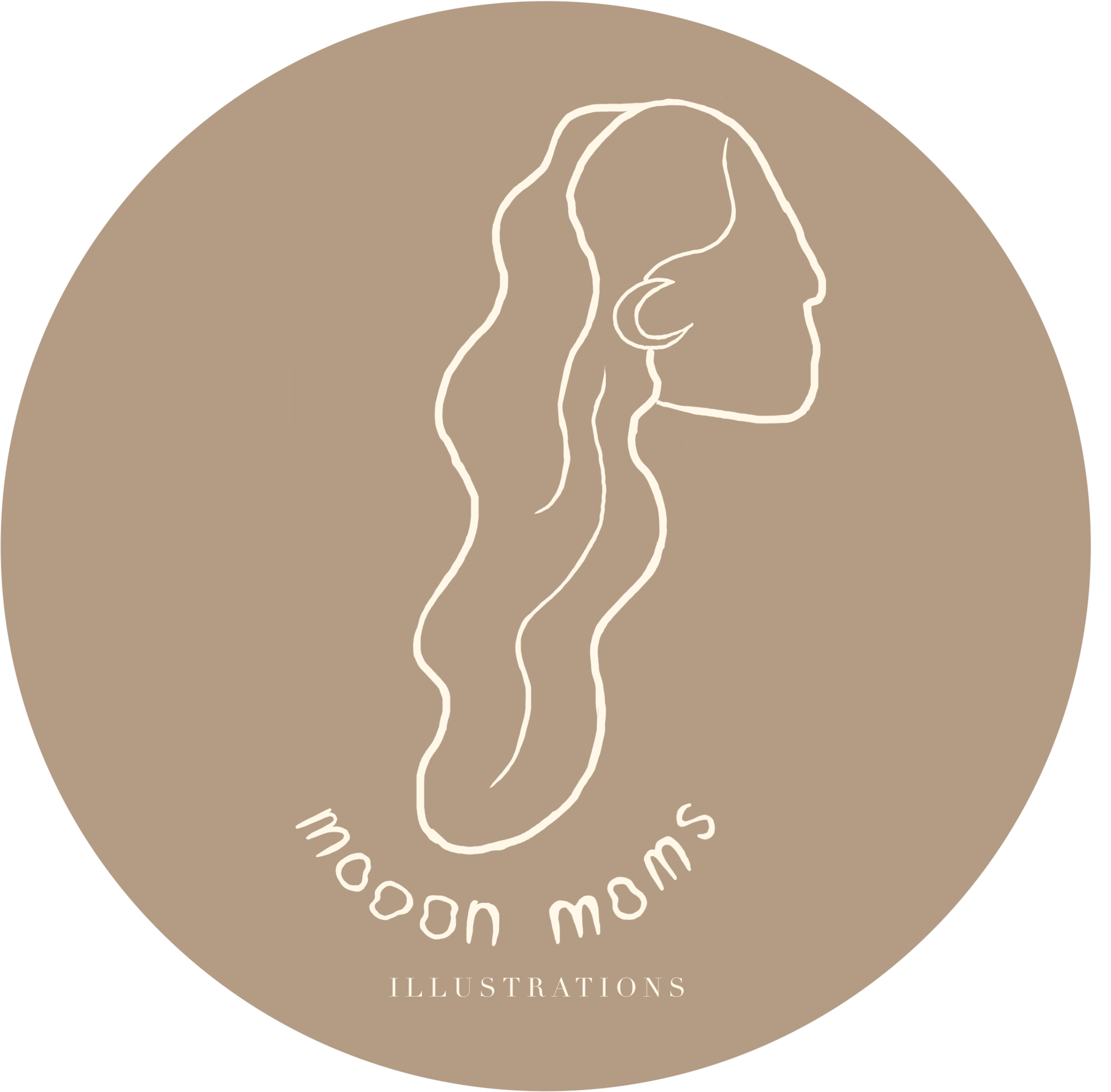Minimalist line art illustration of a woman's face in profile with a hand touching her forehead, on a beige circular background with text reading 'Line Illustration'.