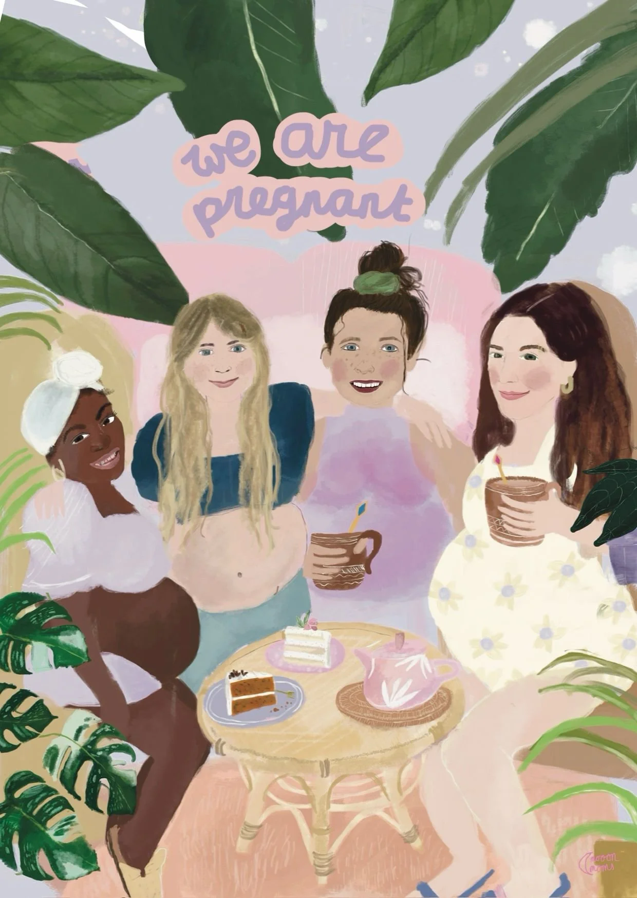 A digital illustration of four women celebrating with cake and drinks, surrounded by green leaves, with a pastel pink background and a sign above that reads 'we are pleasant'.