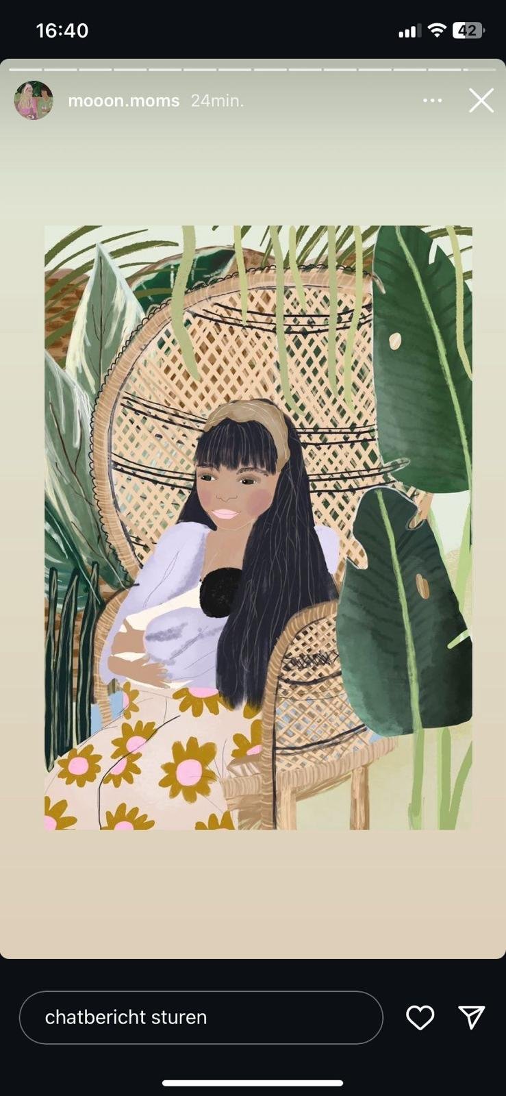 Digital illustration of a woman sitting in a wicker chair surrounded by large green tropical leaves, wearing a white top and a floral skirt, with long black hair and a beige headband.