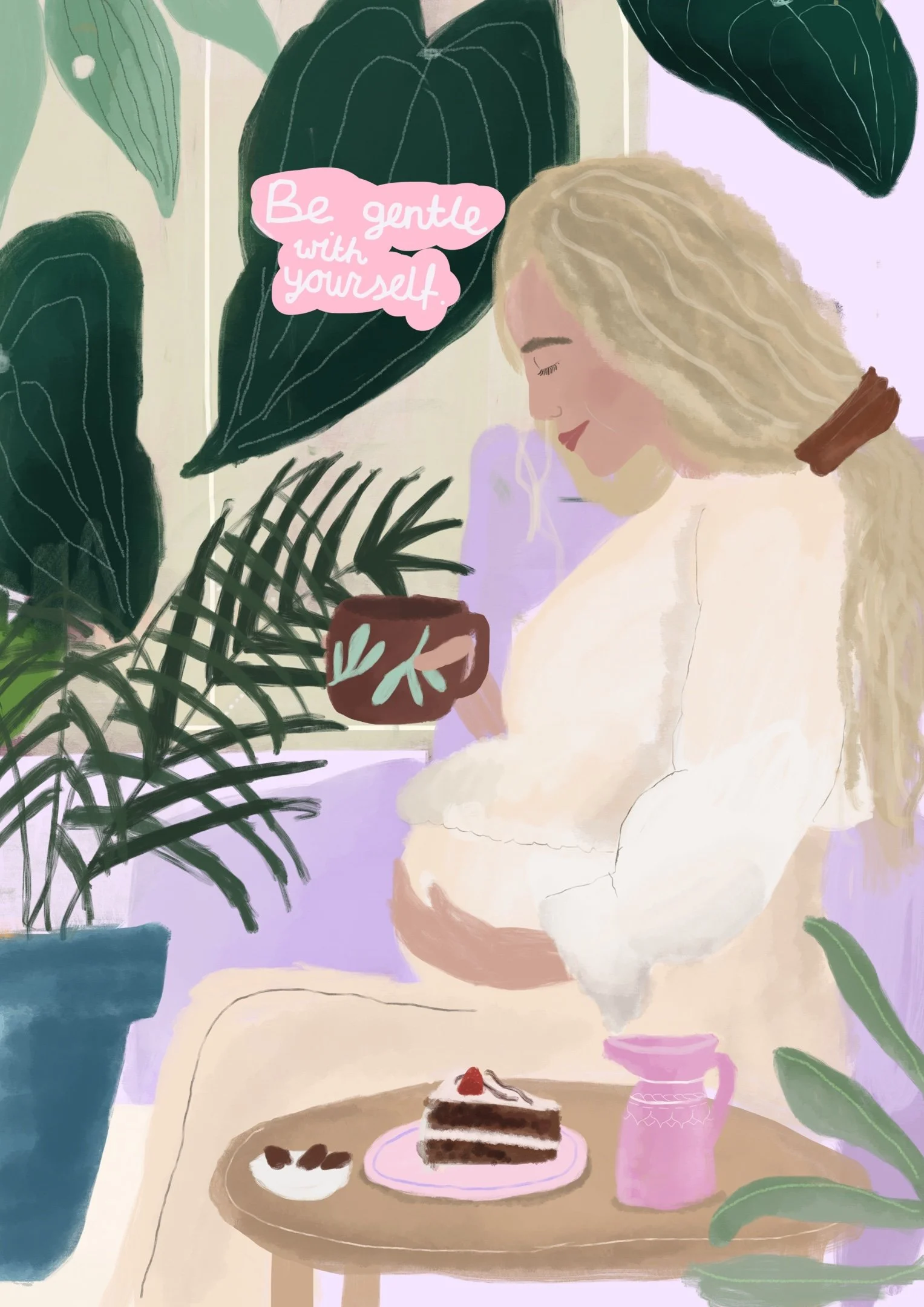 An illustrated woman with blonde hair tied back, sitting at a table with a slice of chocolate cake topped with a cherry, a small bowl of coffee beans, and a pink cup. She is surrounded by green houseplants and has a pink speech bubble that says, 'Be 