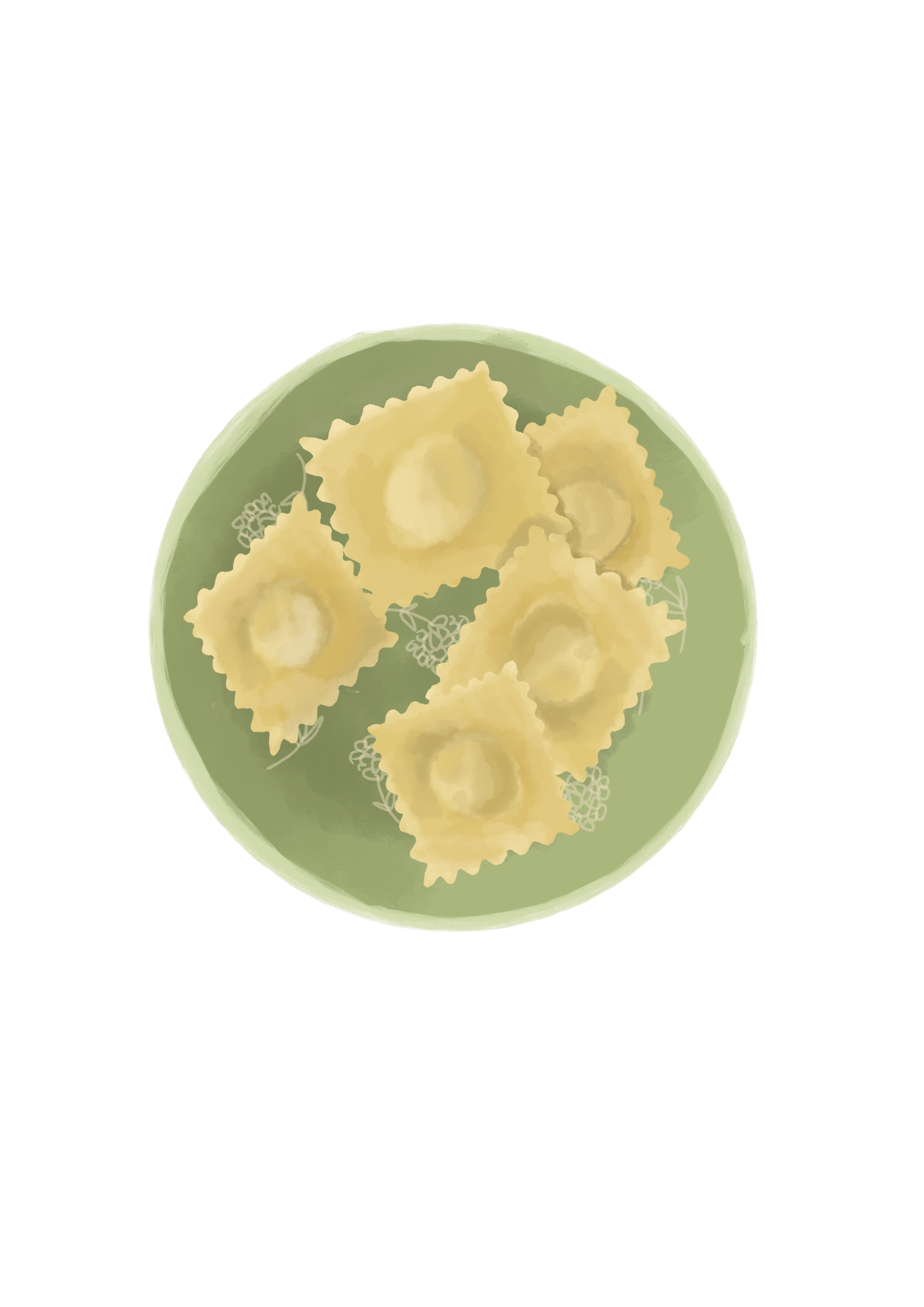 Top view of a green plate with six pieces of fried ravioli served on a white floral pattern plate.