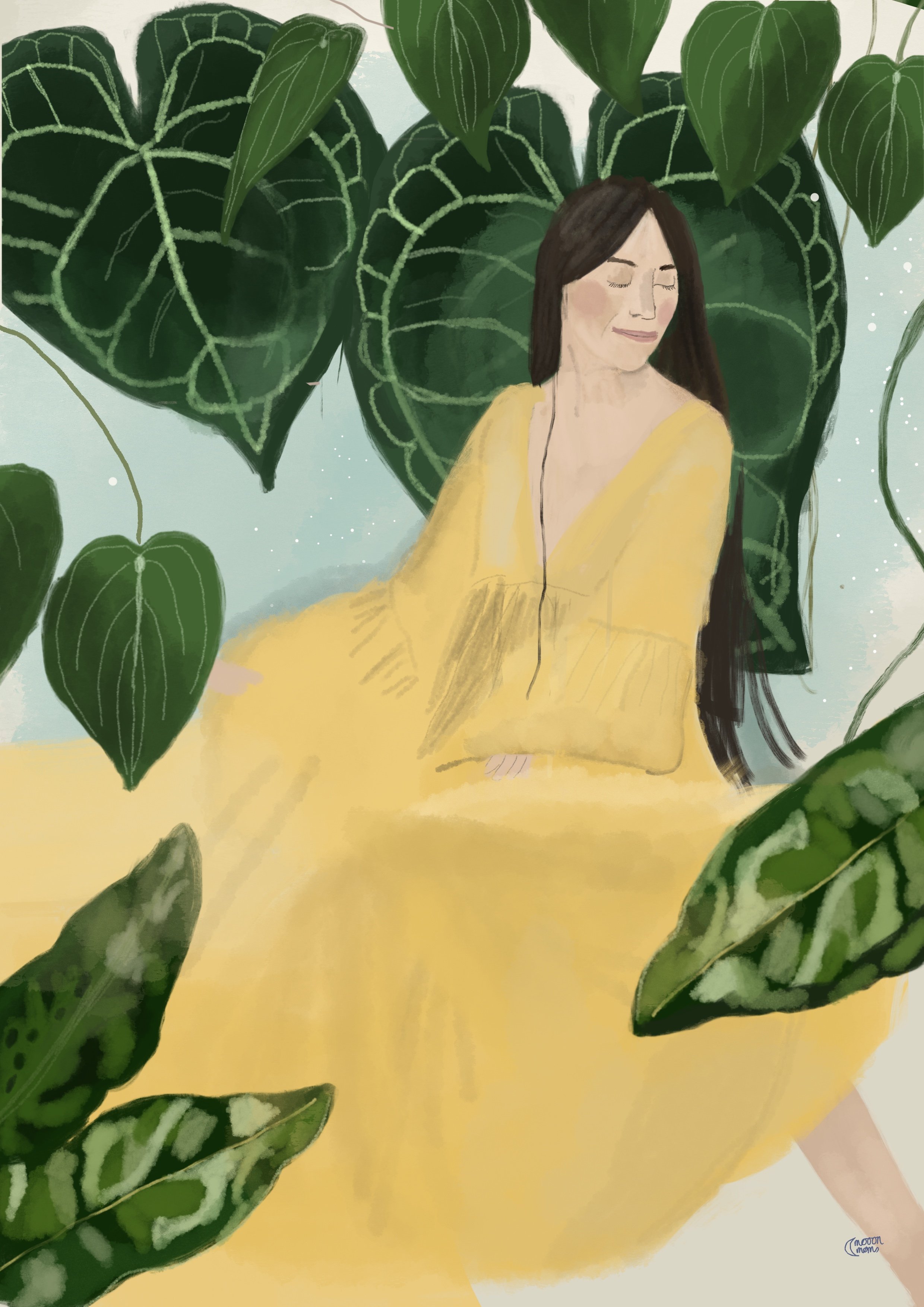 A woman in a yellow dress with closed eyes and long dark hair, surrounded by large green heart-shaped and striped leaves, with a light background.